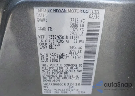2016 Nissan Pathfinder Platinum/S/Sl/Sv from USA, damaged, VIN 5N1AR2MN6GC632419